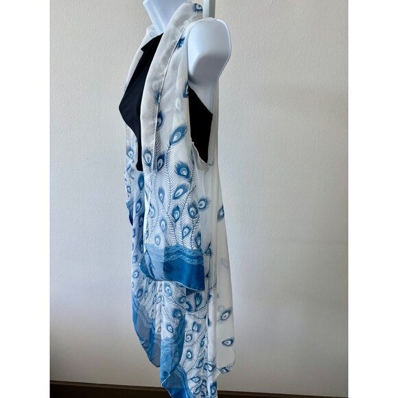 Sheer Cardigan OS Peacock Feather Print Sleeveless Boho Whimsical Beachy Coastal - Picture 7 of 11
